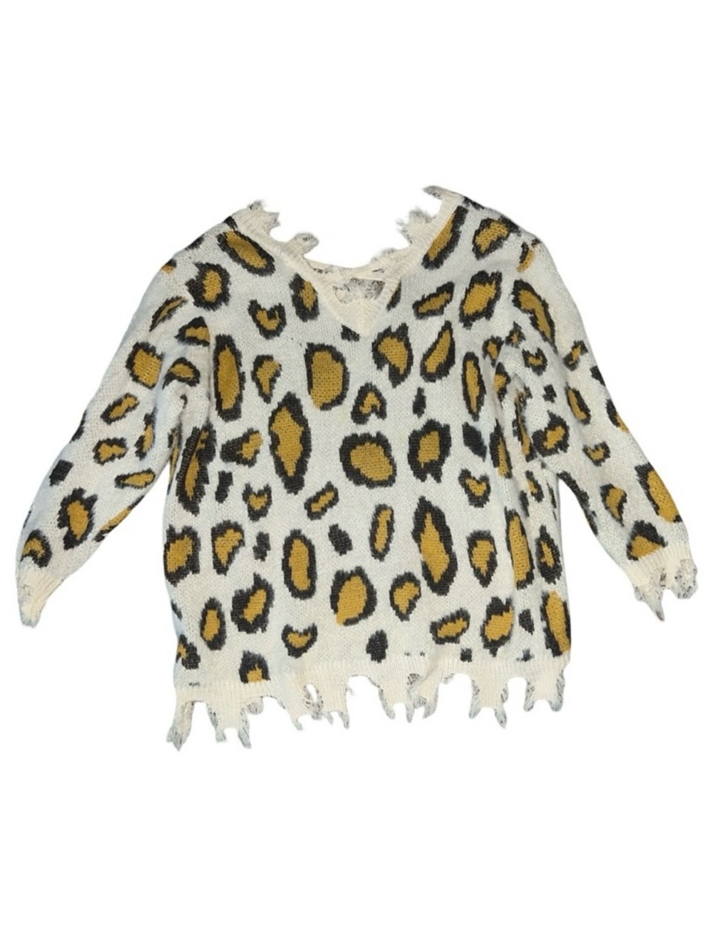 DAVI & DANI Distressed Cream Leopard V-Neck Sweater